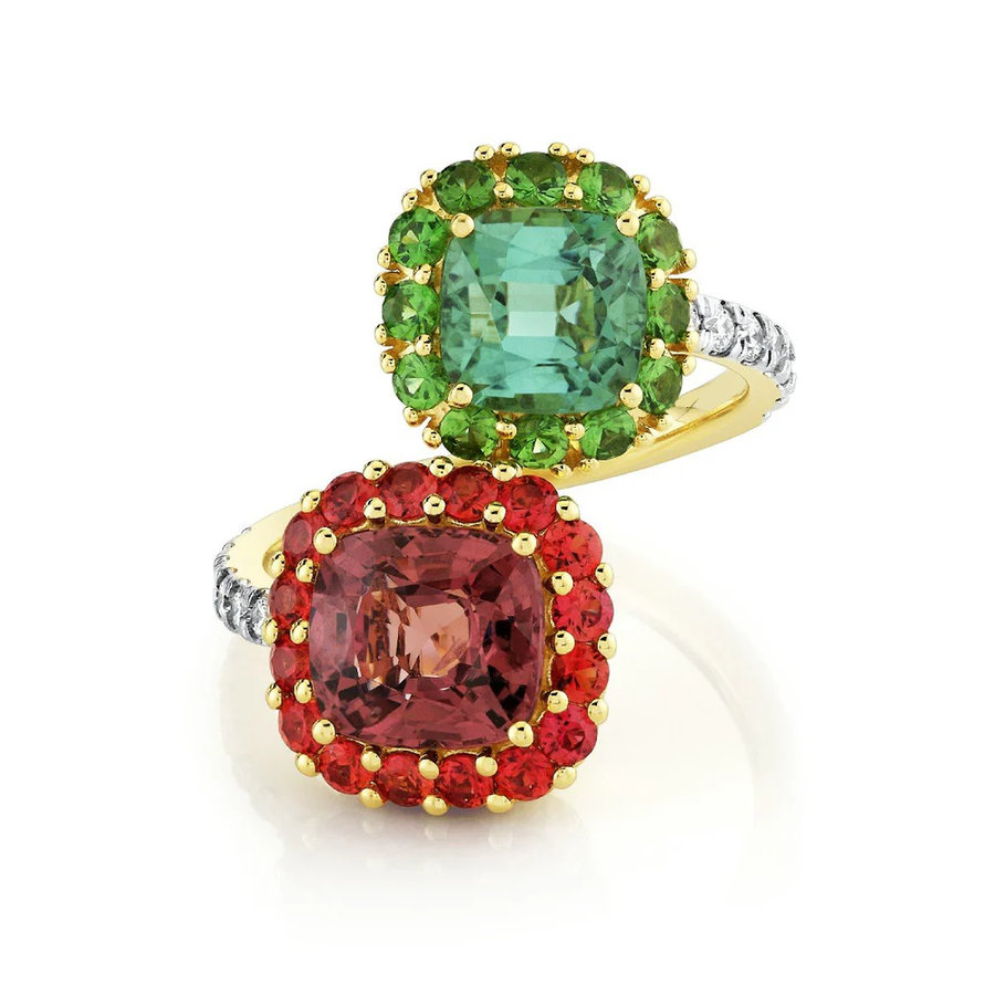2.35ct Cushion Cut Spinel, 2.00ct Cushion Cut Tourmaline, 0.64ct Sapphire and 0.48ct Tsavorite Bypass Ring in 18K Yellow Gold, size 7