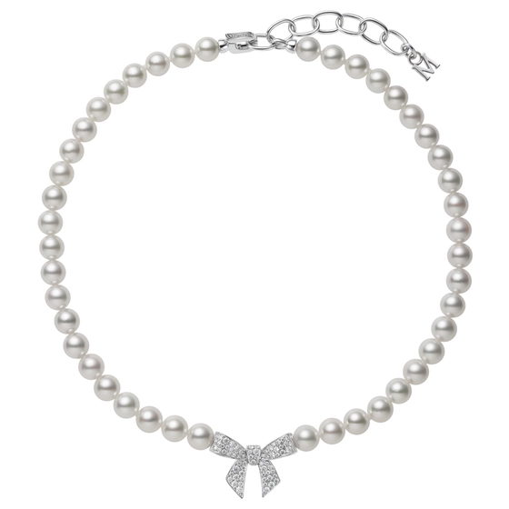 7x7.49mm A1 Akoya Pearl and 0.70ct Diamond Bow Necklace in 18K White Gold, 14-16"