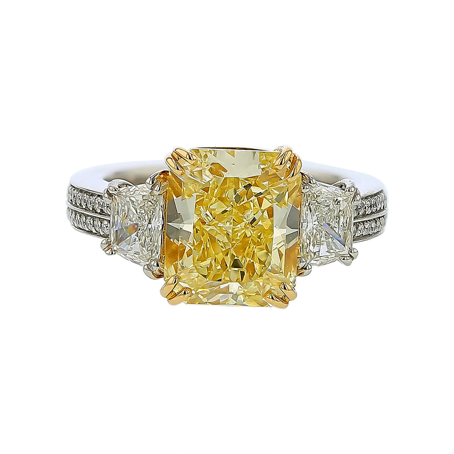 Harmonie 4.76ct Yellow Diamond and 1.13ct Diamond 3 Stone Ring in Platinum and 18K Yellow Gold, size 7