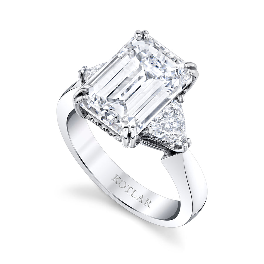 Classico 5.64ct Emerald Cut Diamond, 0.85ct Diamond, and 0.06ct Diamond Ring in Platinum, size 6