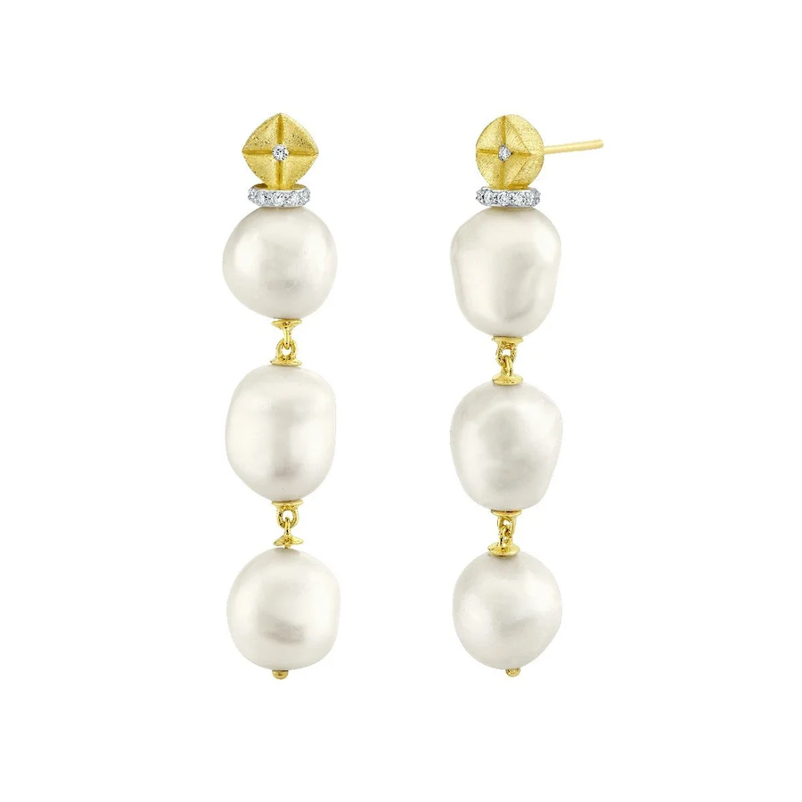 0.25ct Diamond and Baroque Pearl Drop Earrings in 18K Yellow Gold
