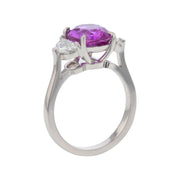 4.06ct Oval Madagascar Pink Sapphire and 0.78ct Shield Diamond Three Stone Ring in Platinum , size 6.5