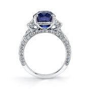 Artisan Pave 5.11ct Cushion Cut Blue Sapphire and 1.40ct Diamond Scallop Ring in Platinum