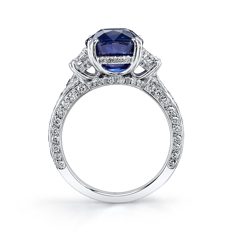 Artisan Pave 5.11ct Cushion Cut Blue Sapphire and 1.40ct Diamond Scallop Ring in Platinum