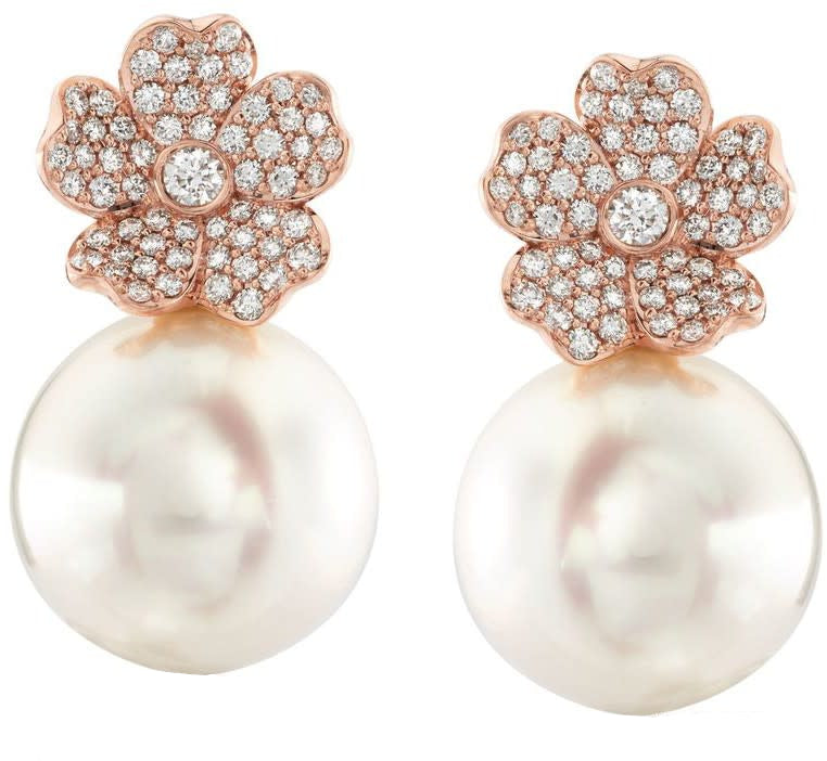 Cherry Blossom 11mm A+ White South Sea Pearl and 0.45ct Diamond Drop Earrings in 18K Rose Gold
