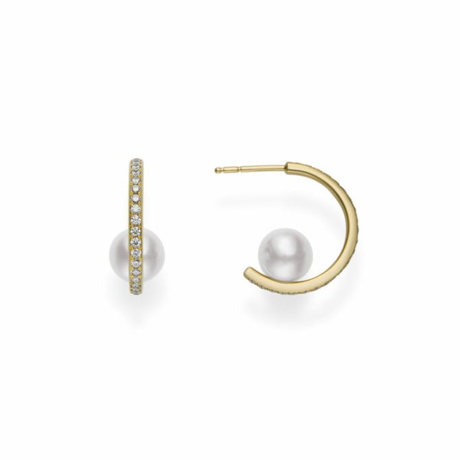 Akoya 7.5mm A+ Pearl and 0.46ct Diamond Hoop Earrings in 18K Yellow Gold