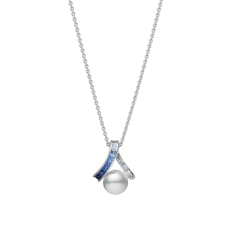 Ocean 8mm Akoya A+ Pearl, 0.48ct Sapphire and 0.11ct Diamond Pendant in 18K White Gold, 18" chain