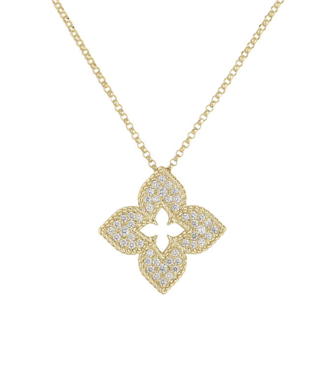 Venetian Princess 0.30ct Diamond Pave Flower Pendant in 18K Yellow Gold, 17" chain