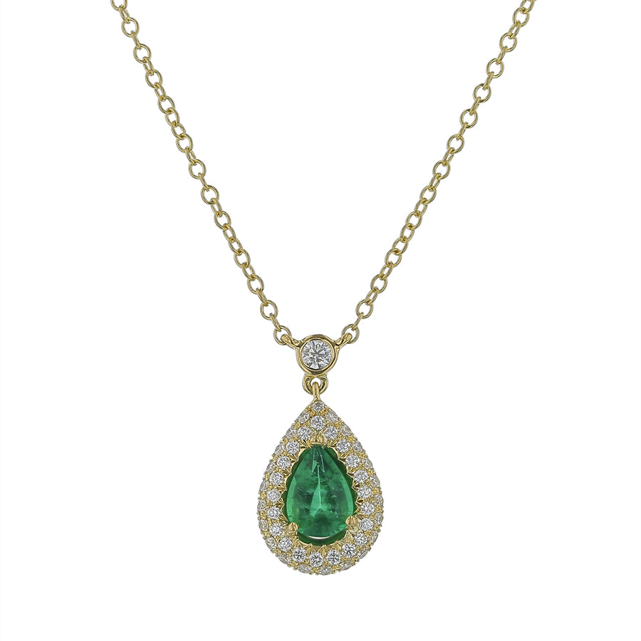 0.57ct Pear Shaped Emerald and 0.27ct Diamond Halo Necklace in 18K Yellow Gold, 16" chain