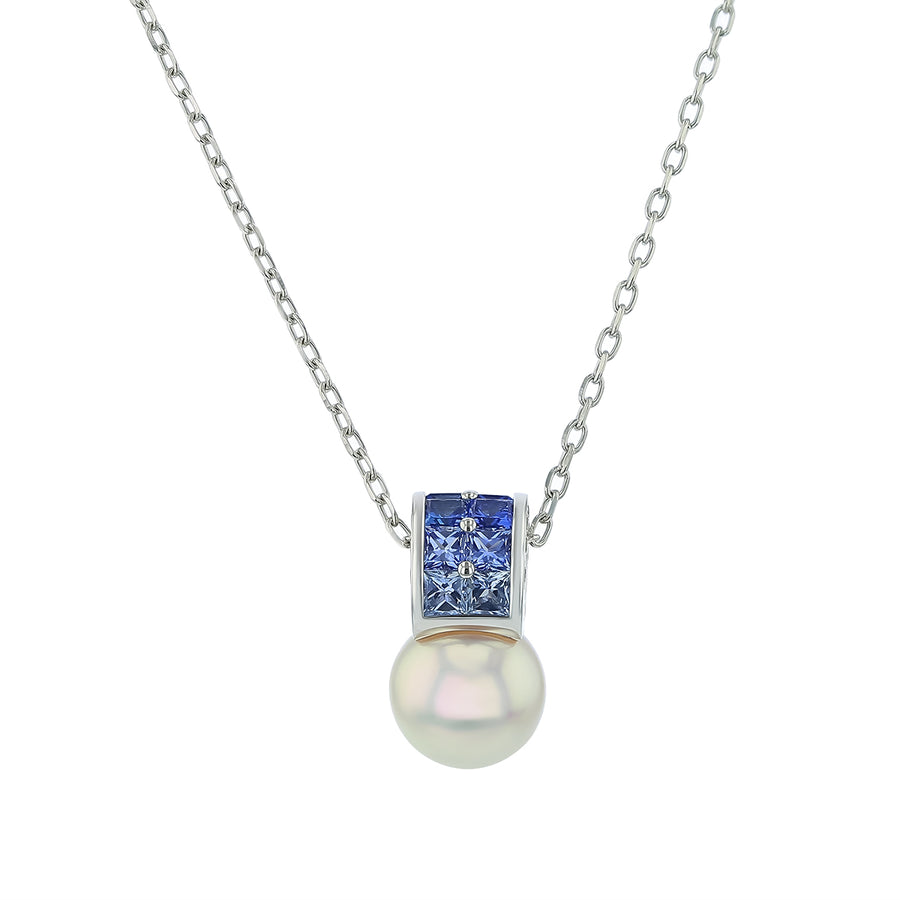 Ocean Akoya A+ Pearl, 1.25ct Sapphire and 0.13ct Diamond Pendant in 18K White Gold, 18" chain