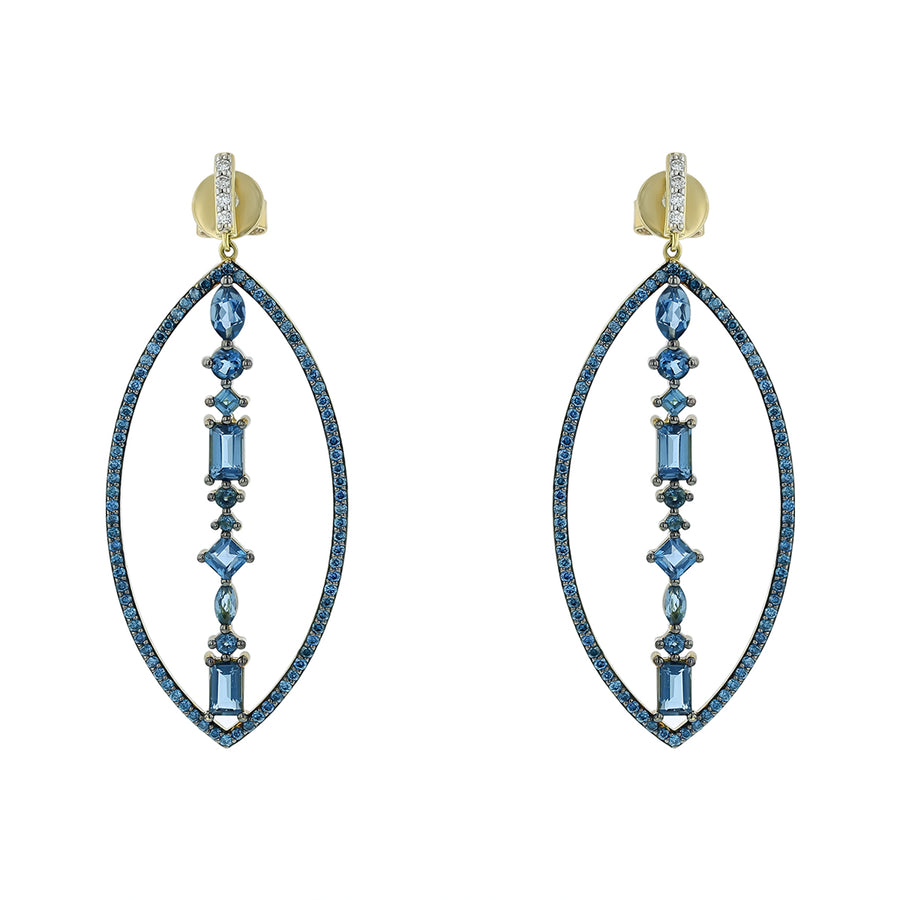 2.92ct Fancy Cut Blue Topaz, 0.80ct Blue Diamond and 0.08ct Diamond Drop Earrings in 18K Yellow Gold