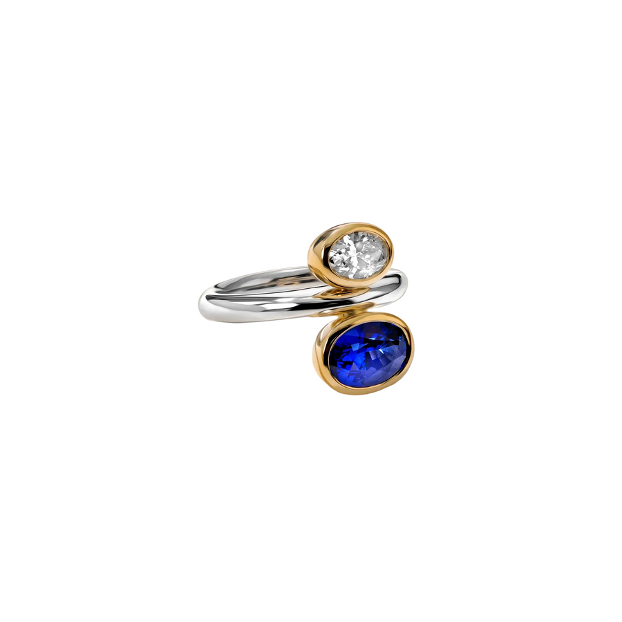 Silky 2.20ct Oval Sapphire and 0.70ct Oval Diamond Gemini Ring in 18K Yellow Gold and Platinum