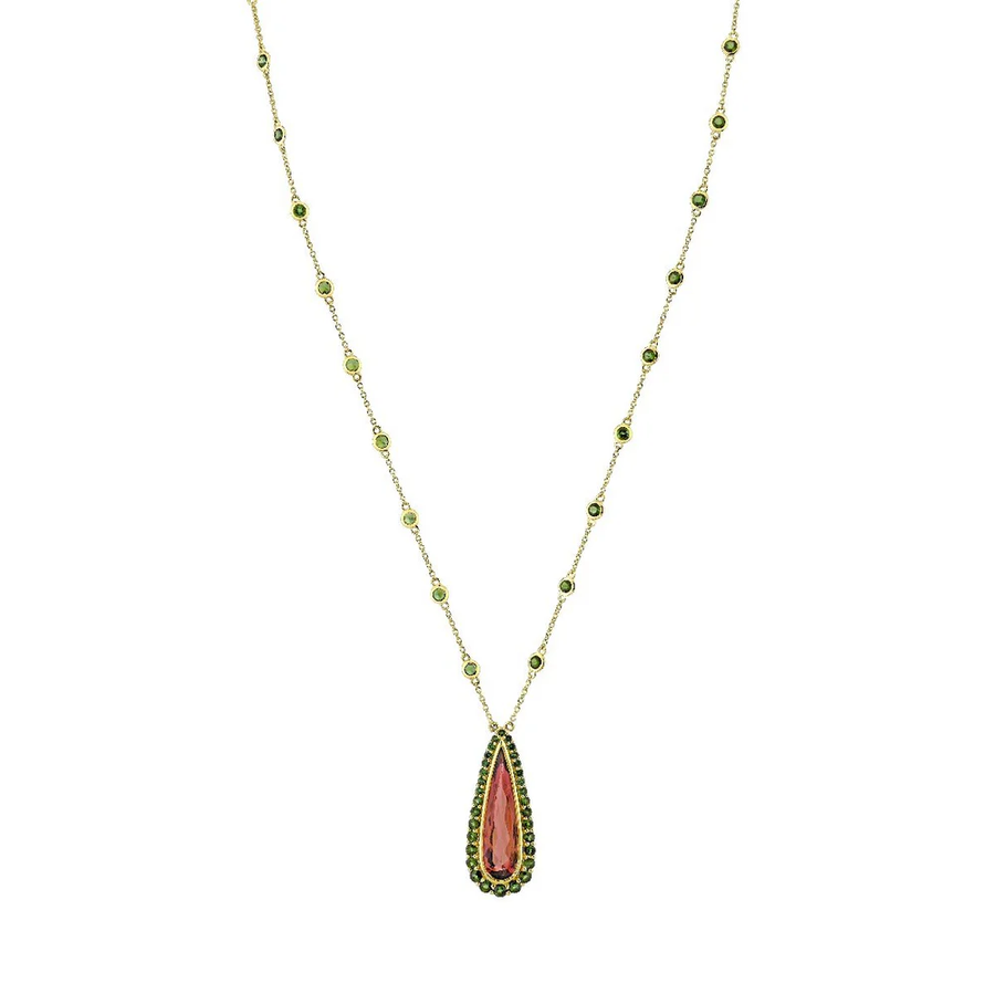 3.35ct Pear Shape Pink Tourmaline and 2.81ct Green Tourmaline Halo Necklace in 18K Yellow Gold, 16-18"