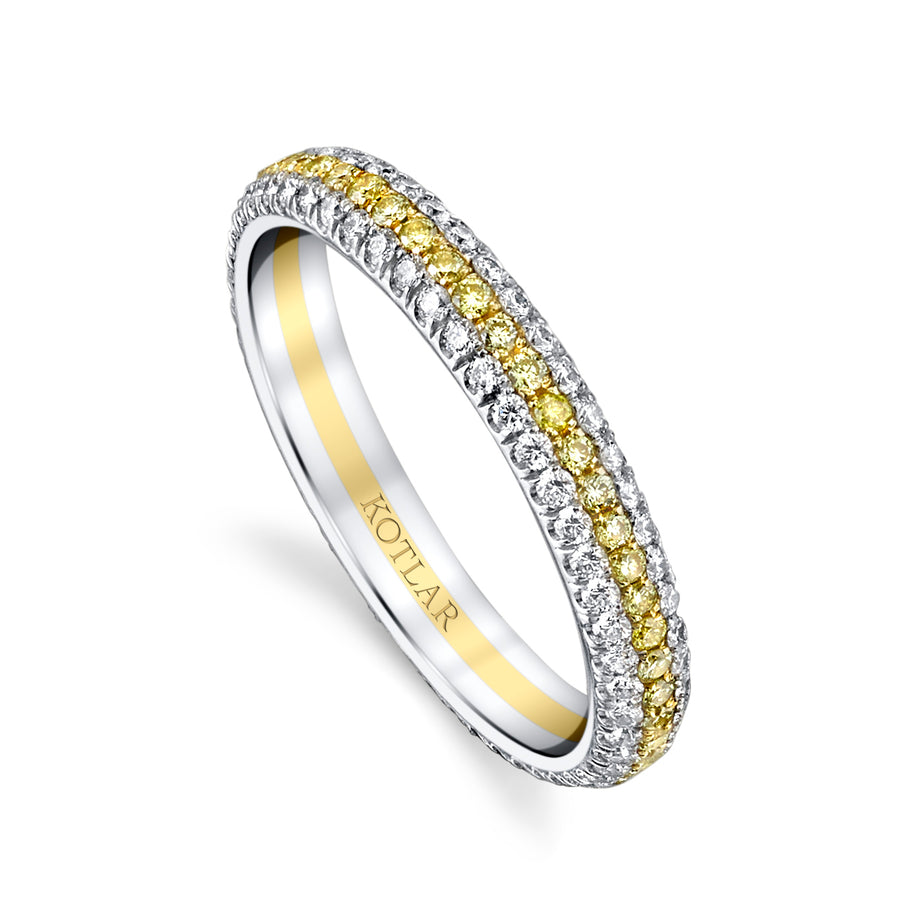 Arabesque 0.46ct Diamond and 0.29ct Fancy Yellow Diamond 3 Row Band in Platinum and 18K Yellow Gold