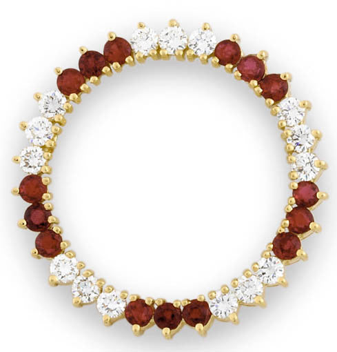 1.26ct Ruby and 0.86ct Diamond Circle Pin in 18K Yellow Gold