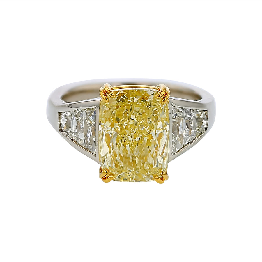 5.02ct Cushion Cut Yellow Diamond and 1.02ct Diamond Ring in Platinum and 18K Yellow Gold, size 7