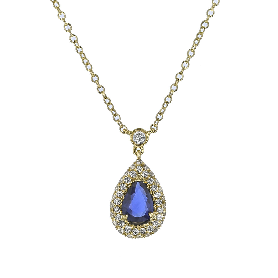 0.69ct Pear Shaped Sapphire and 0.28ct Diamond Halo Necklace in 18K Yellow Gold, 16" chain