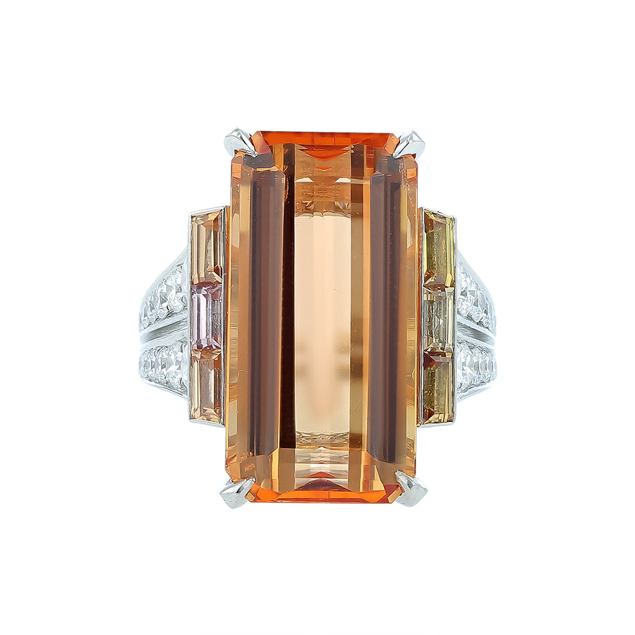 16.12ct Emerald Cut Imperial Topaz, 1.13ct Diamond and 1.00ct Baguette Sapphire Ring in Platinum, size 6.5