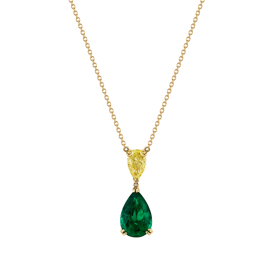 Classico 3.64ct Pear Shape Emerald, 1.01ct Pear Shape Fancy Yellow Diamond and 0.12ct Diamond Pendant Necklace in 18K Yellow Gold