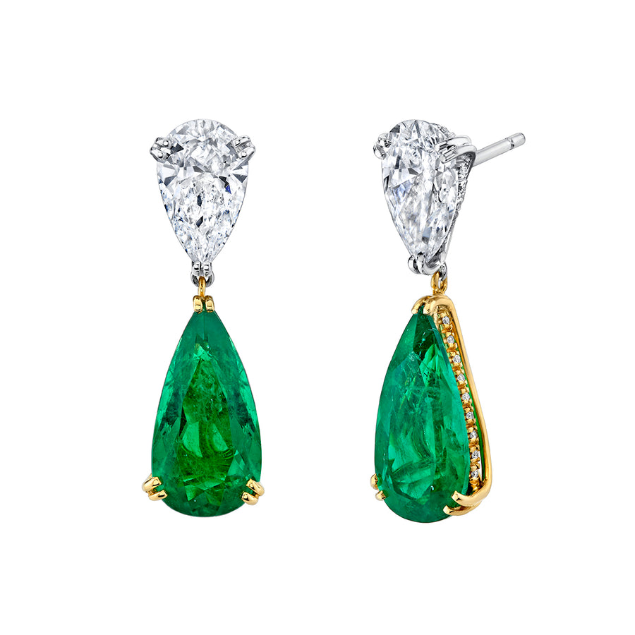 Classico 5.68ct Pear Shape Emerald, 3.01ct Pear Shape Diamond and 0.36ct Diamond Drop Earrings in Platinum and 18K Yellow Gold