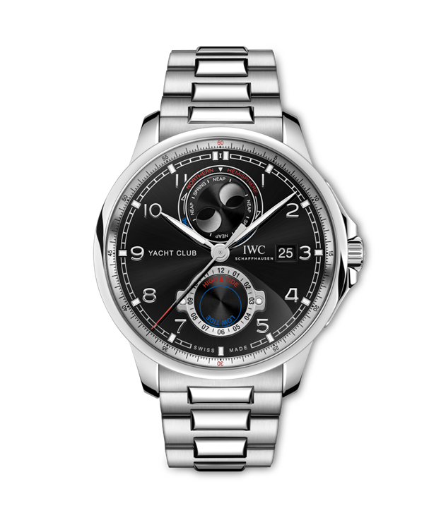 44.6mm Portugieser Yacht Club Moon & Tide Watch with Black Dial in Stainless Steel, Bracelet