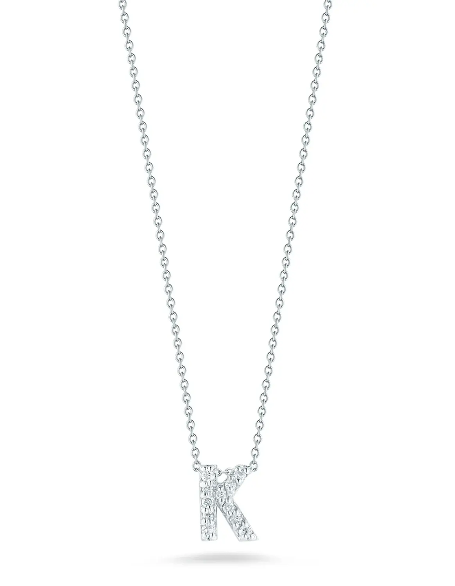 Tiny Treasures 0.05ct Diamond Love Letter "K" Pendant in 18K White Gold, 16-18" chain