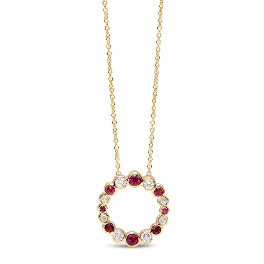 Bubbly Continuity 0.31ct Ruby and 0.21ct Diamond Circle Pendant in 18K Yellow Gold, 18" chain