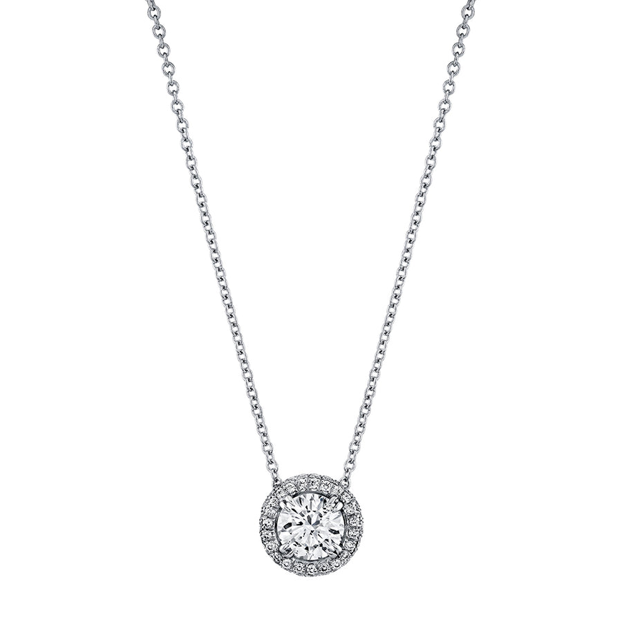 Arabesque 0.70ct Round Diamond and 0.42ct Diamond Halo Necklace in Platinum, 16"