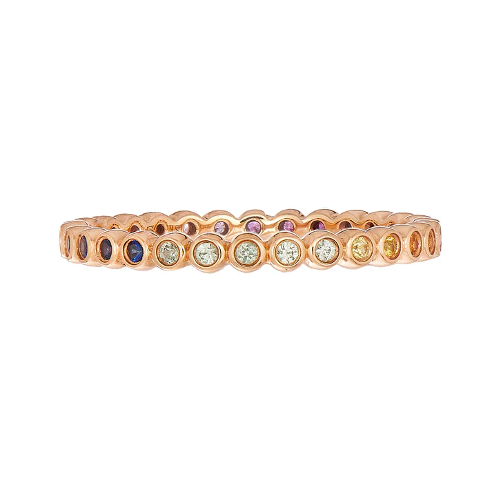 0.30ct Rainbow Sapphire Mini Bezel Band in 18K Rose Gold, Size 7