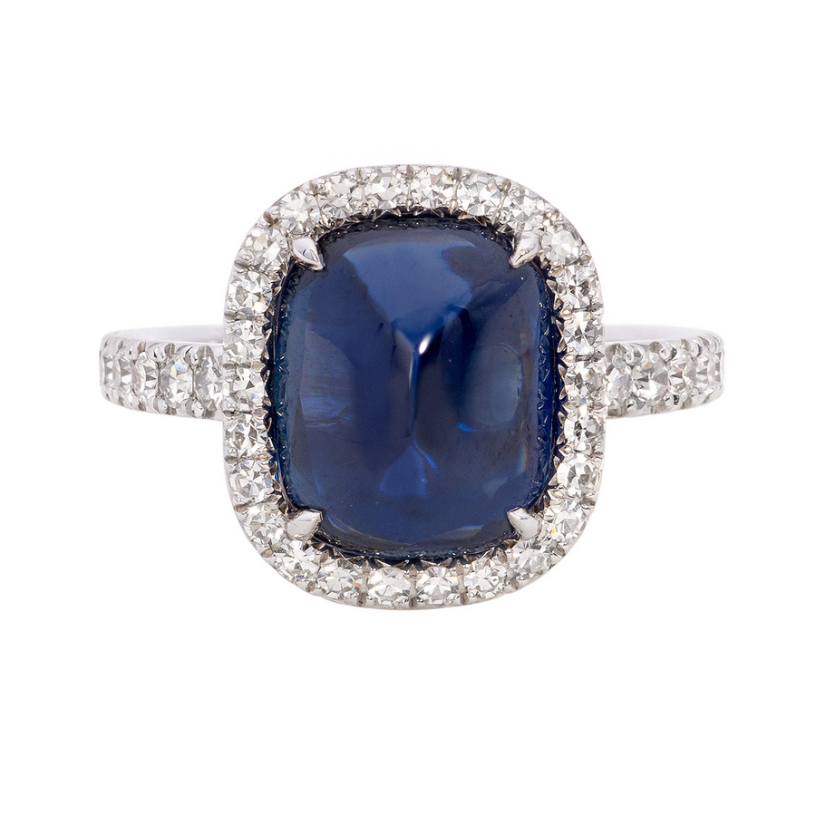 4.83ct Cabochon Cushion Sapphire and 0.64ct Diamond Halo Ring in 18K White Gold, size 6