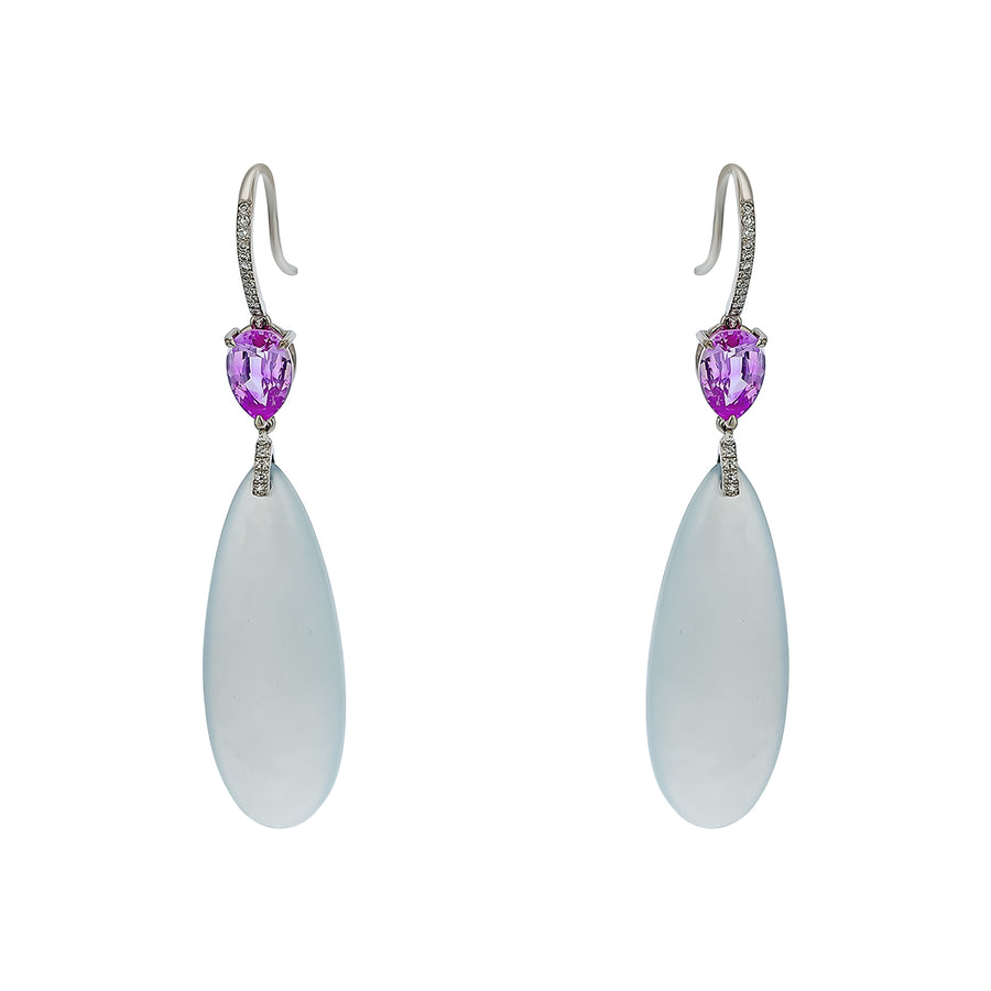 37.22ct Jade, 3.34ct Pink Sapphire and 0.14ct Diamond Drop Earrings in 18K White Gold