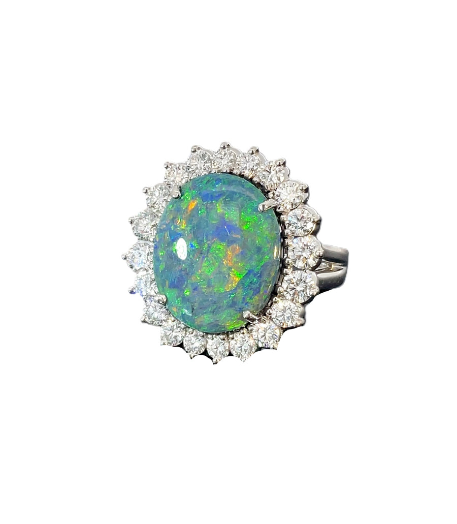 Black Opal and Diamond Halo Ring in Platinum, Size 6.5