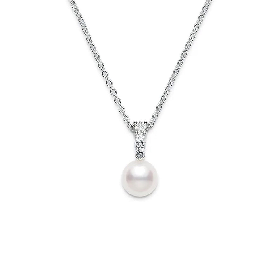 8mm A+ Akoya Pearl and 0.16ct Diamond Pendant in 18K White Gold, 16-18" chain