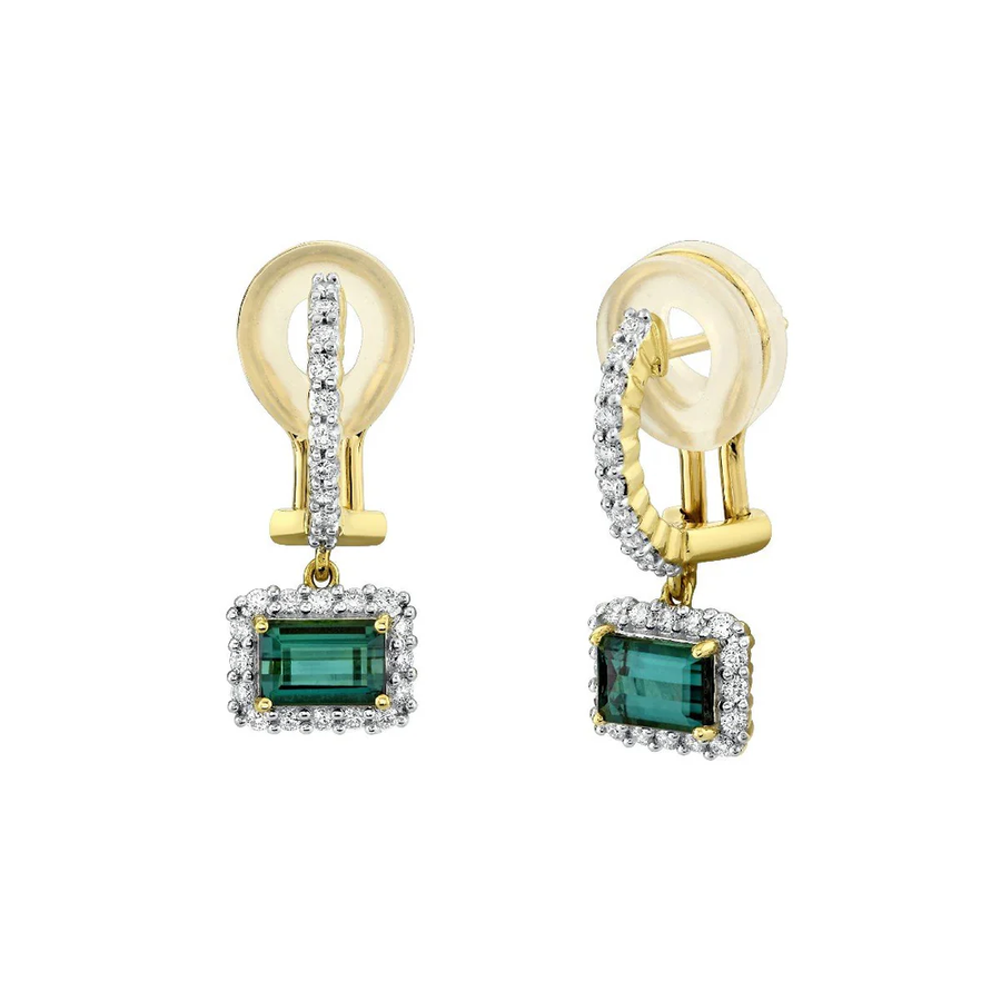 1.25ct Emerald Cut Tourmaline and 0.52ct Diamond Halo Drop Earrings in 18K Yellow Gold