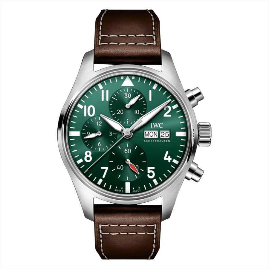 41mm Pilot's Chronograph Watch with Green Dial in Stainless Steel, Strap