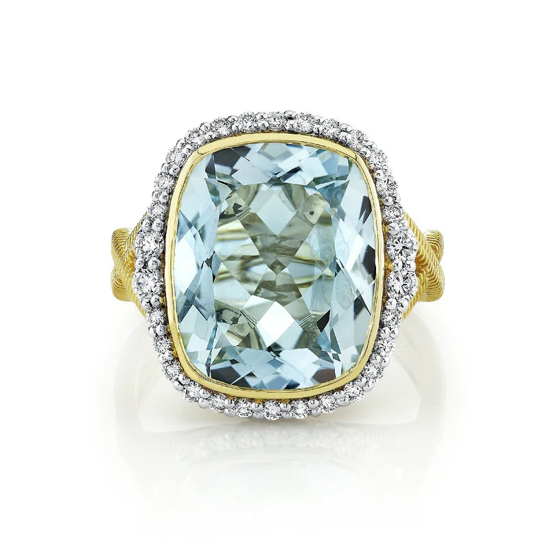 9.73ct Blue Topaz and 0.42ct Diamond Halo Ring in 18K Yellow Gold, size 6.5