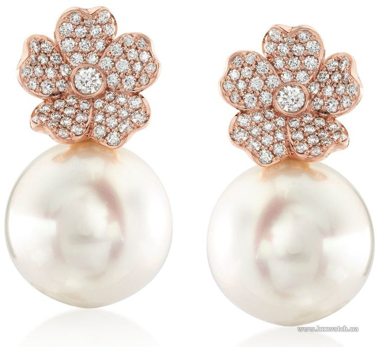 11mm A+ White South Sea Pearl and 0.45ct Diamond Blossom Drop Earrings in 18K Rose Gold