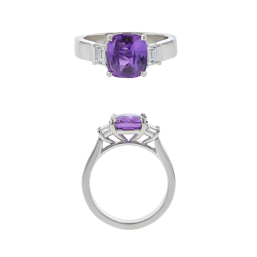 Madagascar Purple Sapphire and Trapezoid Diamond 3-Stone Ring in Platinum, Size 6.75