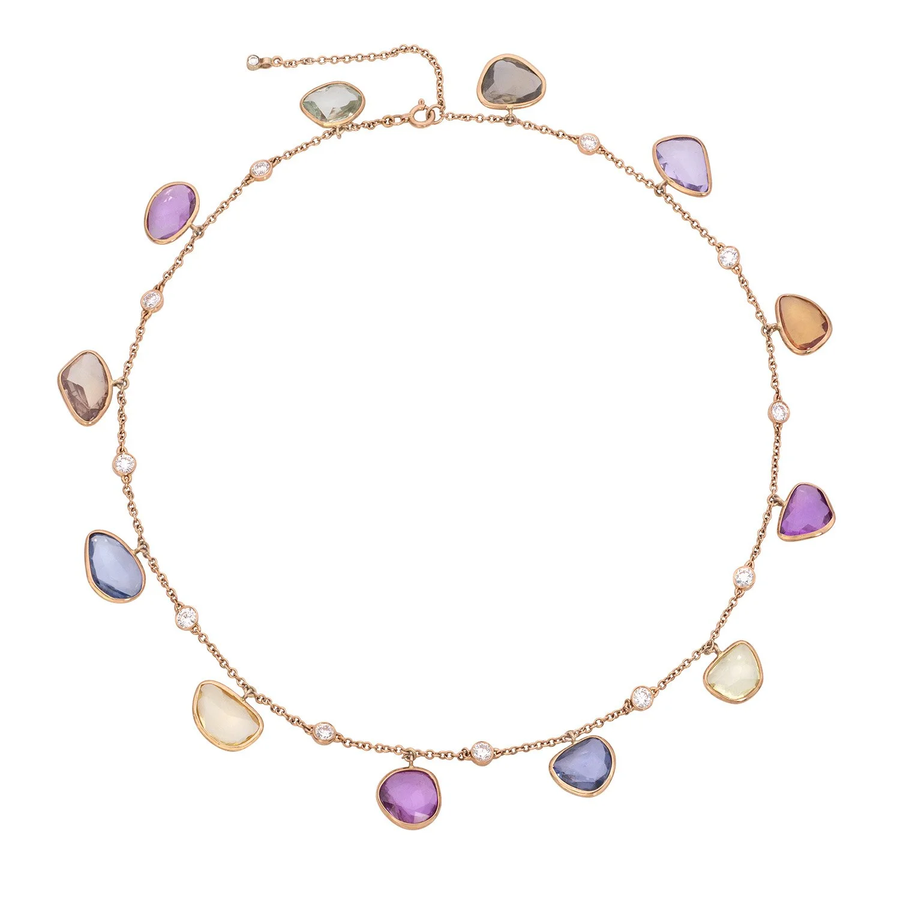 30.48ct Rose Cut Sapphire and 1.65ct Diamond Multi-Color Necklace in 18K Rose Gold, 17-15"