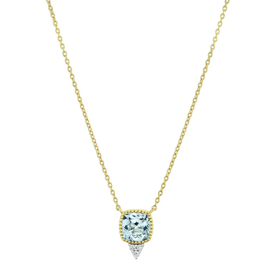 1.57ct Cushion Cut Sky Blue Topaz and 0.05ct Diamond Necklace in 18K Yellow Gold, 16-18"