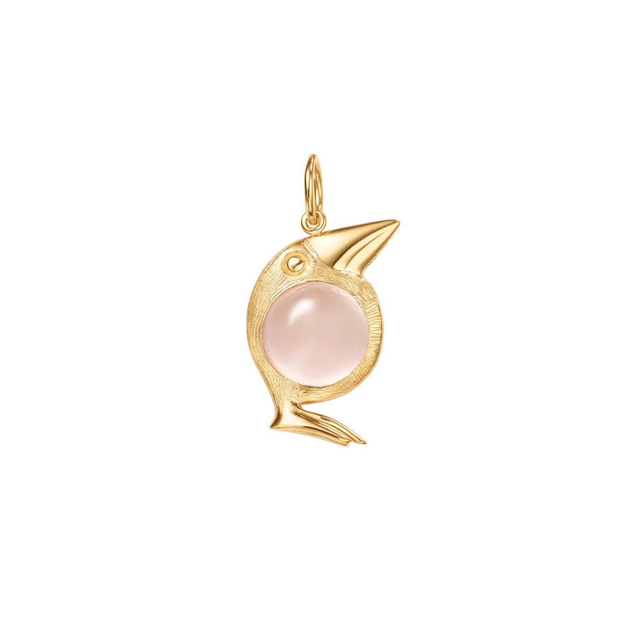 Bird Family Rose Quartz Solitaire Charm in 18K Yellow Gold, without chain