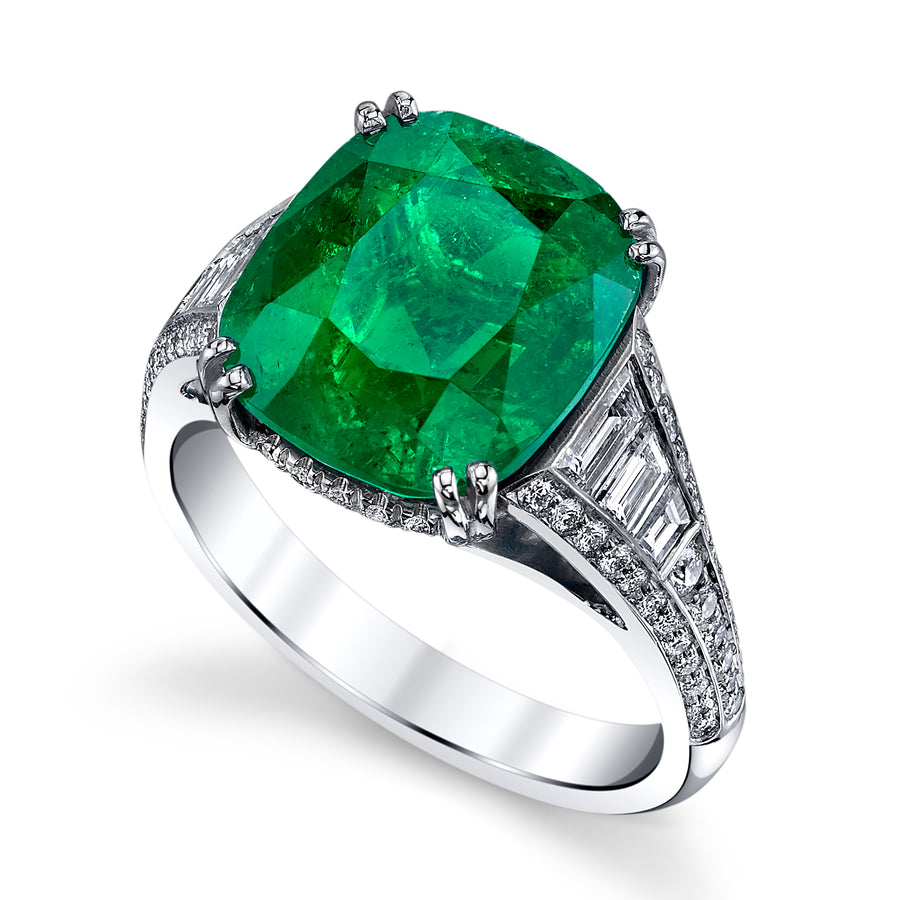 Luminesce 5.45ct Cushion Cut Emerald, 0.52ct Trap Step Cut Diamond and 0.42ct Diamond Ring in Platinum