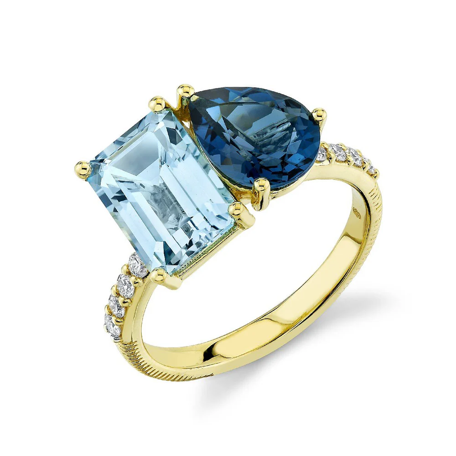 Toi et Moi 3.12ct Emerald Cut Sky Blue Topaz, 1.97ct Pear Shape Topaz and 0.20ct Diamond Ring in 18K Yellow Gold, size 6.5