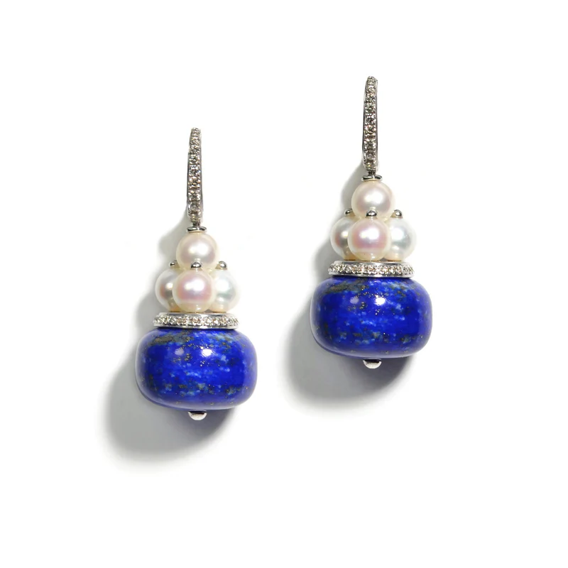 52.54ct Lapis, Keshi Pearl and 0.37ct Diamond Drop Earrings in 18K White Gold