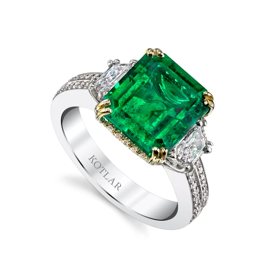 Harmonie 3.42ct Emerald 3 Stone Ring in 18K Yellow Gold and Platinum, Size 6