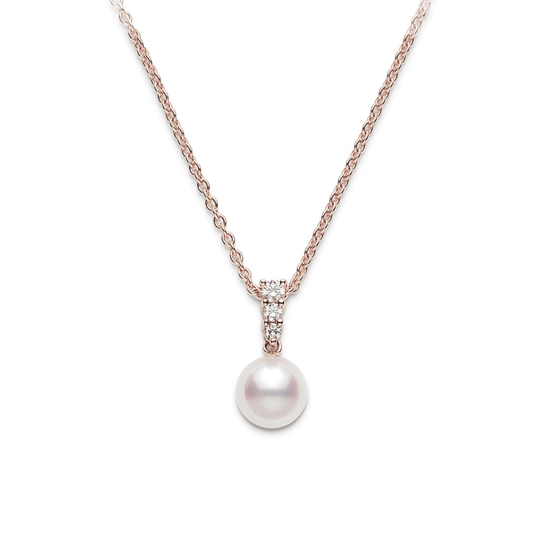 Morning Dew 8mm A+ Akoya Pearl and 0.16ct Diamond Pendant in 18K Pink Gold, 16-18" chain