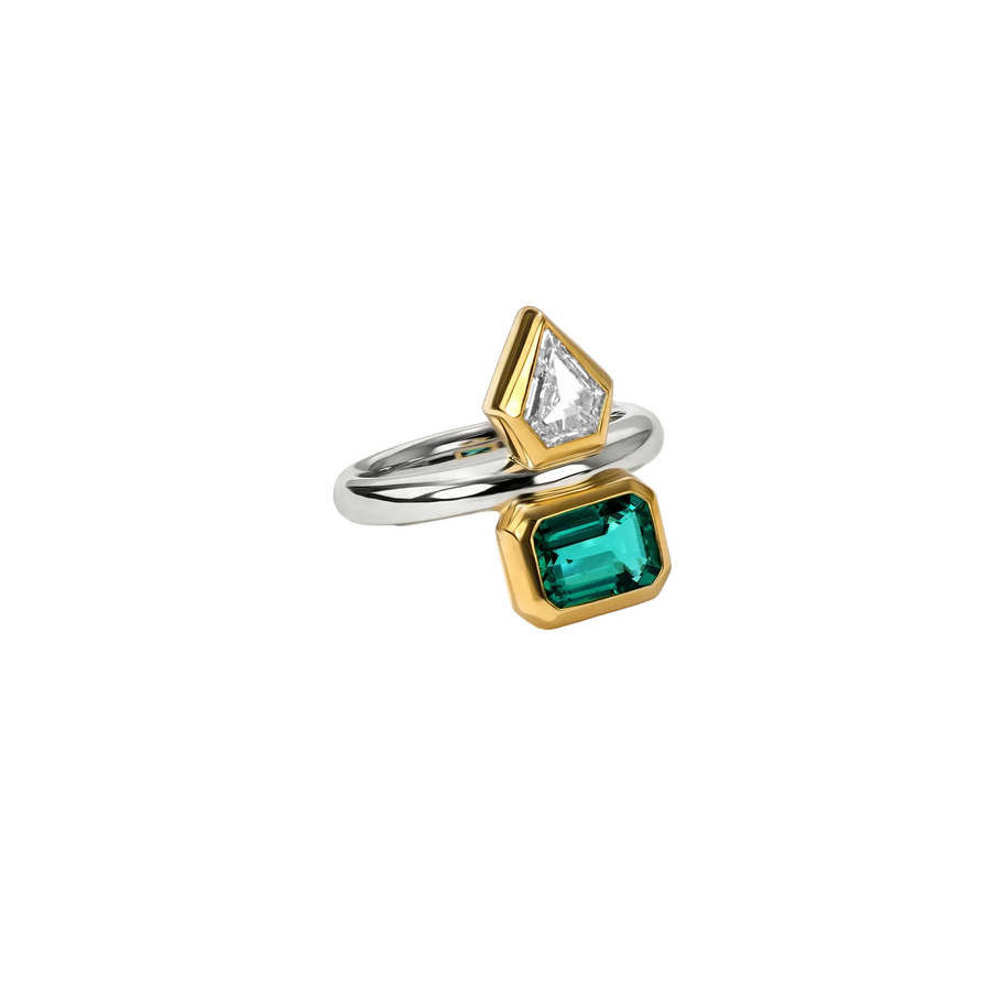 Silky 1.60ct Octagon Cut Emerald and 0.52ct Shield Cut Diamond Gemini Ring in 18K Yellow Gold and Platinum