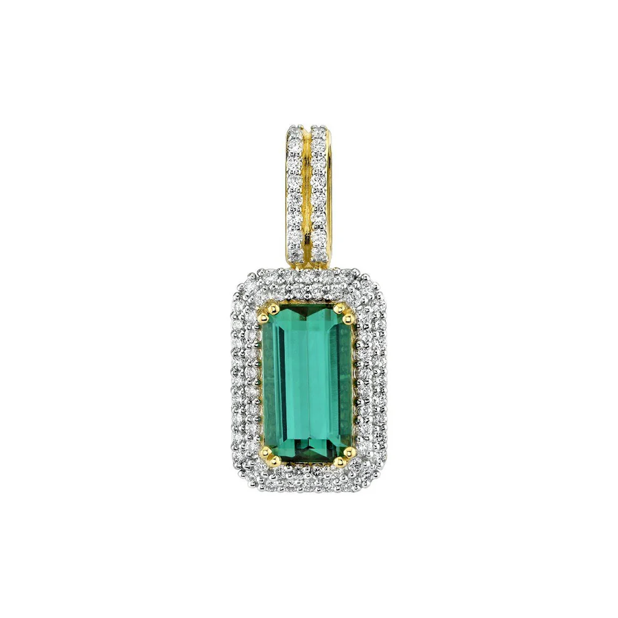 2.14ct Emerald Cut Tourmaline and 0.38ct Diamond Halo Pendant in 18K Yellow Gold, without chain