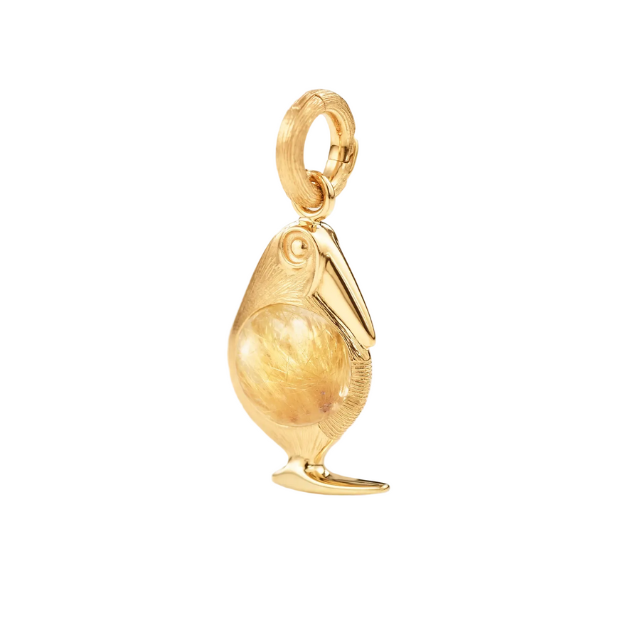 Bird Family Cabochon Rutile Quartz Solitaire Charm in 18K Yellow Gold, without chain