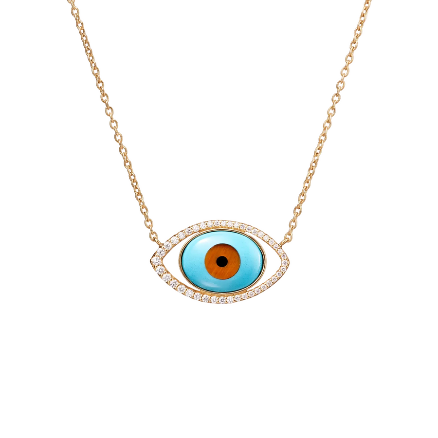 Shooting Stars Tiger’s Eye, Turquoise, Onyx, and 0.28ct Diamonds Evil Eye Necklace in 18K Yellow Gold, 18"